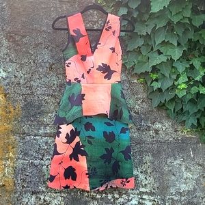 Green and Coral Floral Peplum Dress